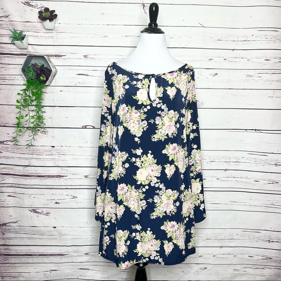 SAGE Navy Blue & Purple Floral Split Sleeve Dress Size Medium - Picture 8 of 10